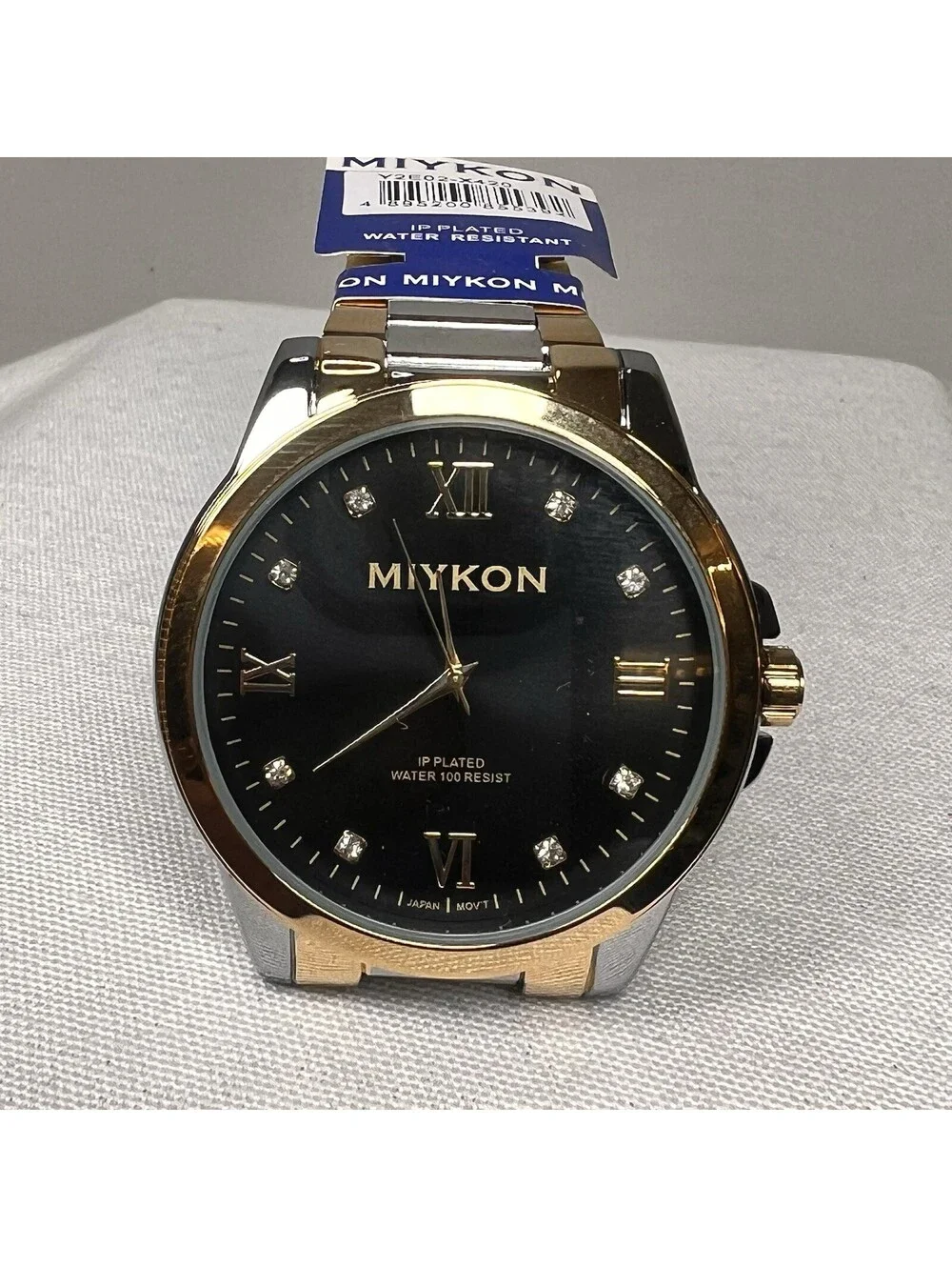 MIYKON Men's Two-Tone Watch, Diamond Nos. Black Dial Gold Bezel 46mm